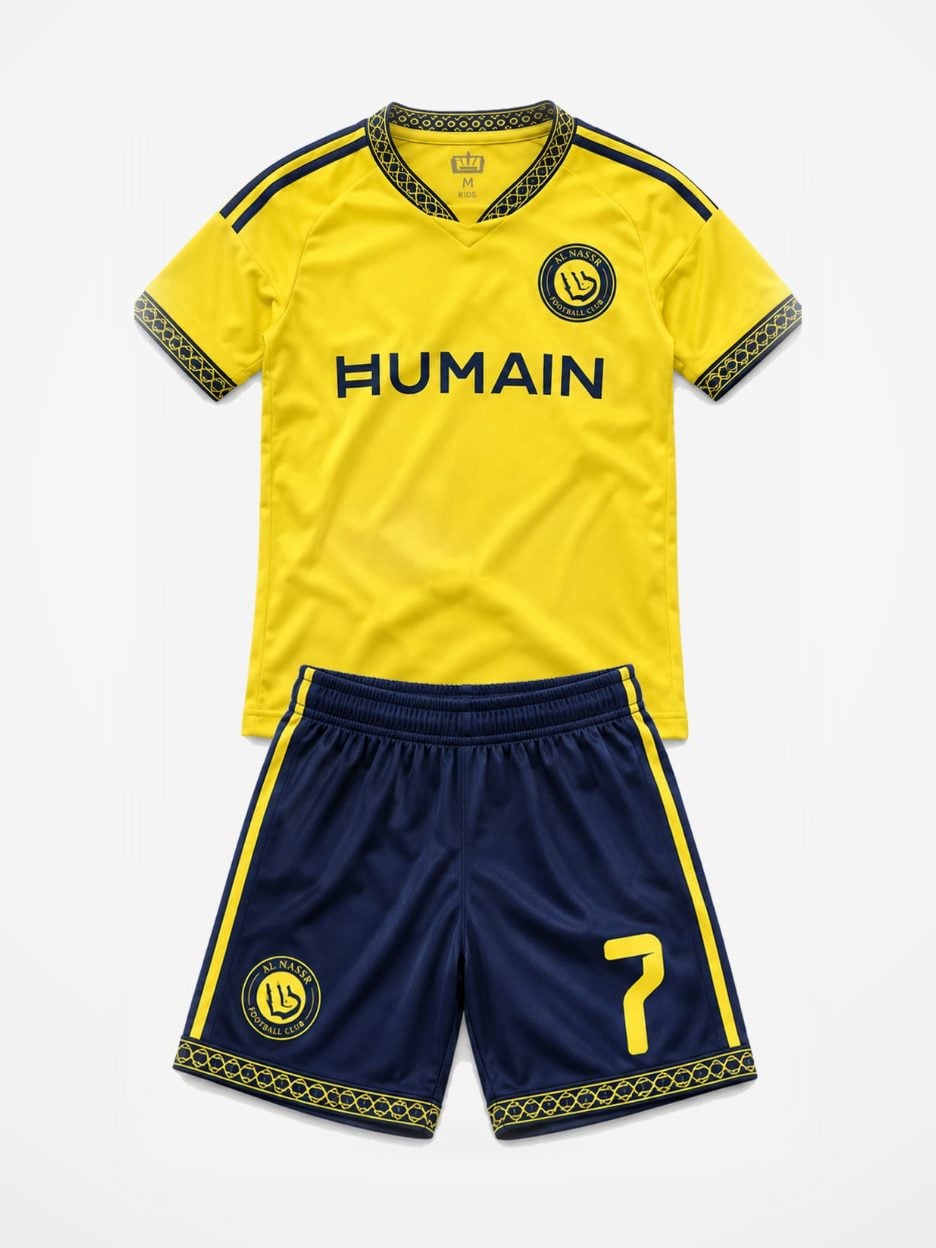 The #7 Cristiano Ronaldo Al Nassr Yellow & Navy Youth Soccer Jersey: the jersey with the matching shorts