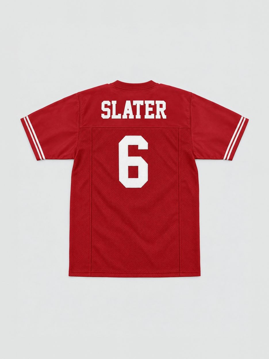The AC Slater #6 Bayside Tigers Saved by the Bell Jersey laid flat, from the back: the stitched name and number on a mesh body