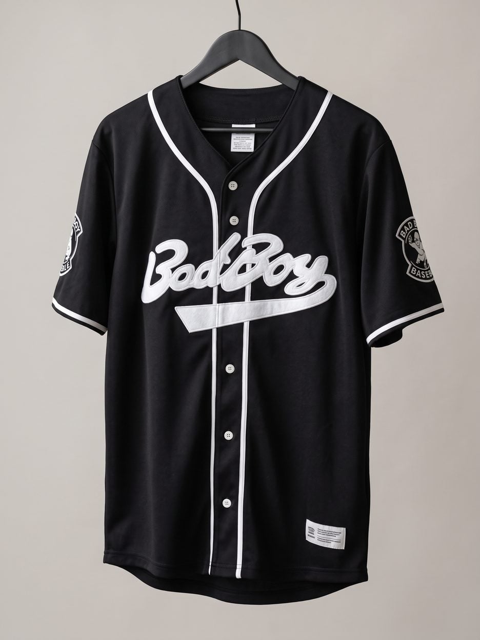 This jersey on a hanger, close enough to see the stitching, the fabric and the tags