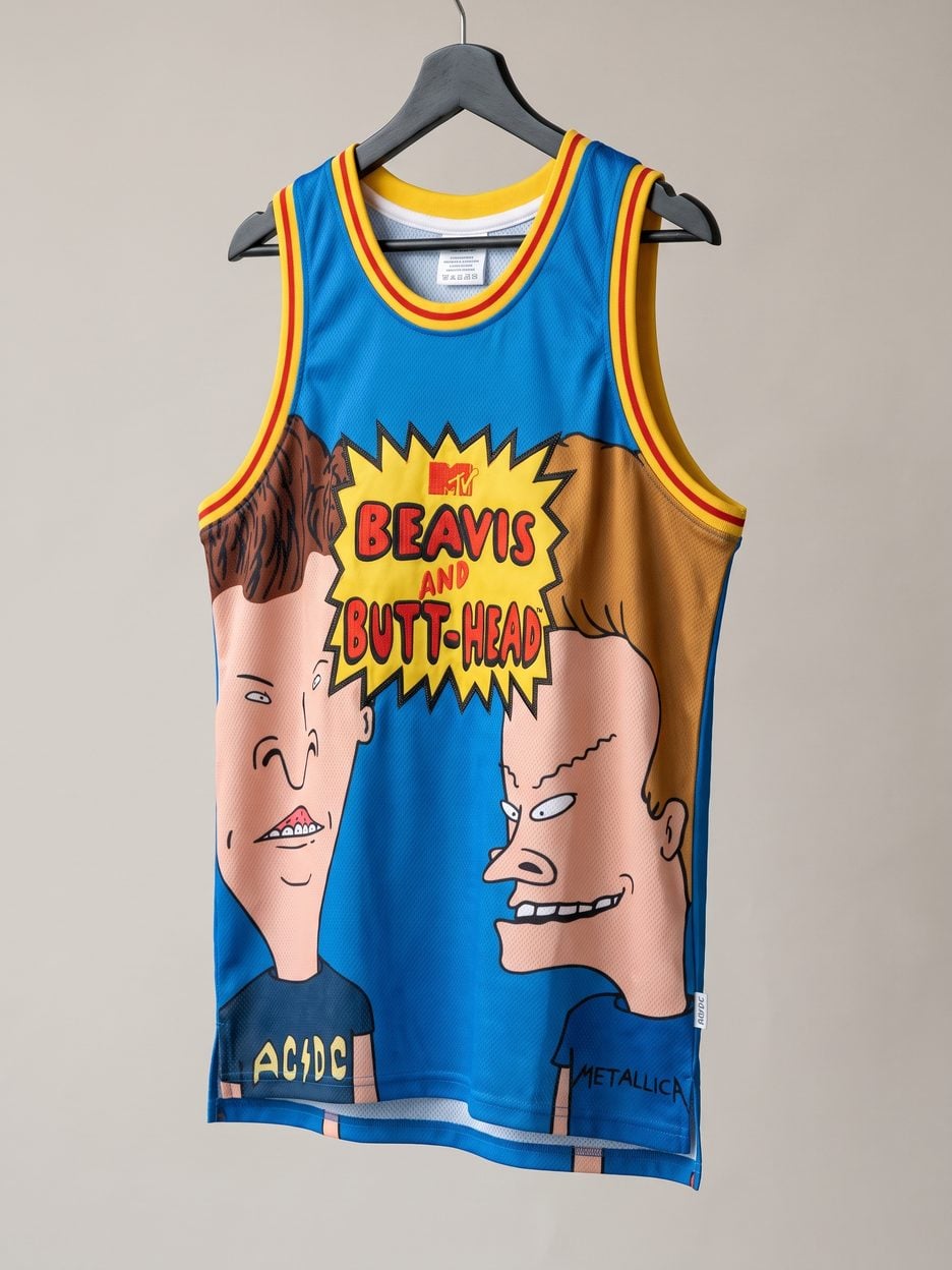 This jersey on a hanger, close enough to see the stitching, the fabric and the tags