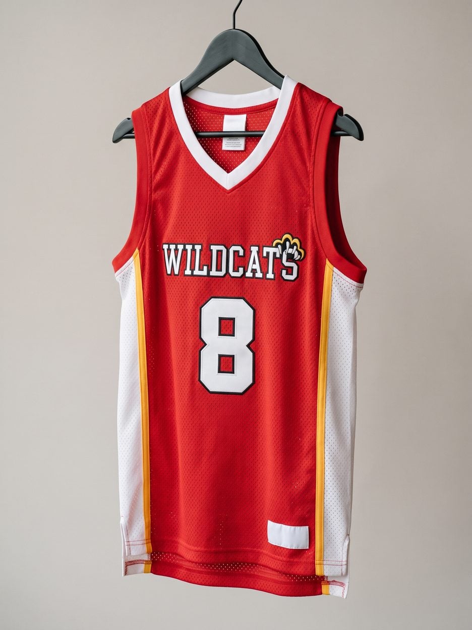 This jersey on a hanger, close enough to see the stitching, the fabric and the tags