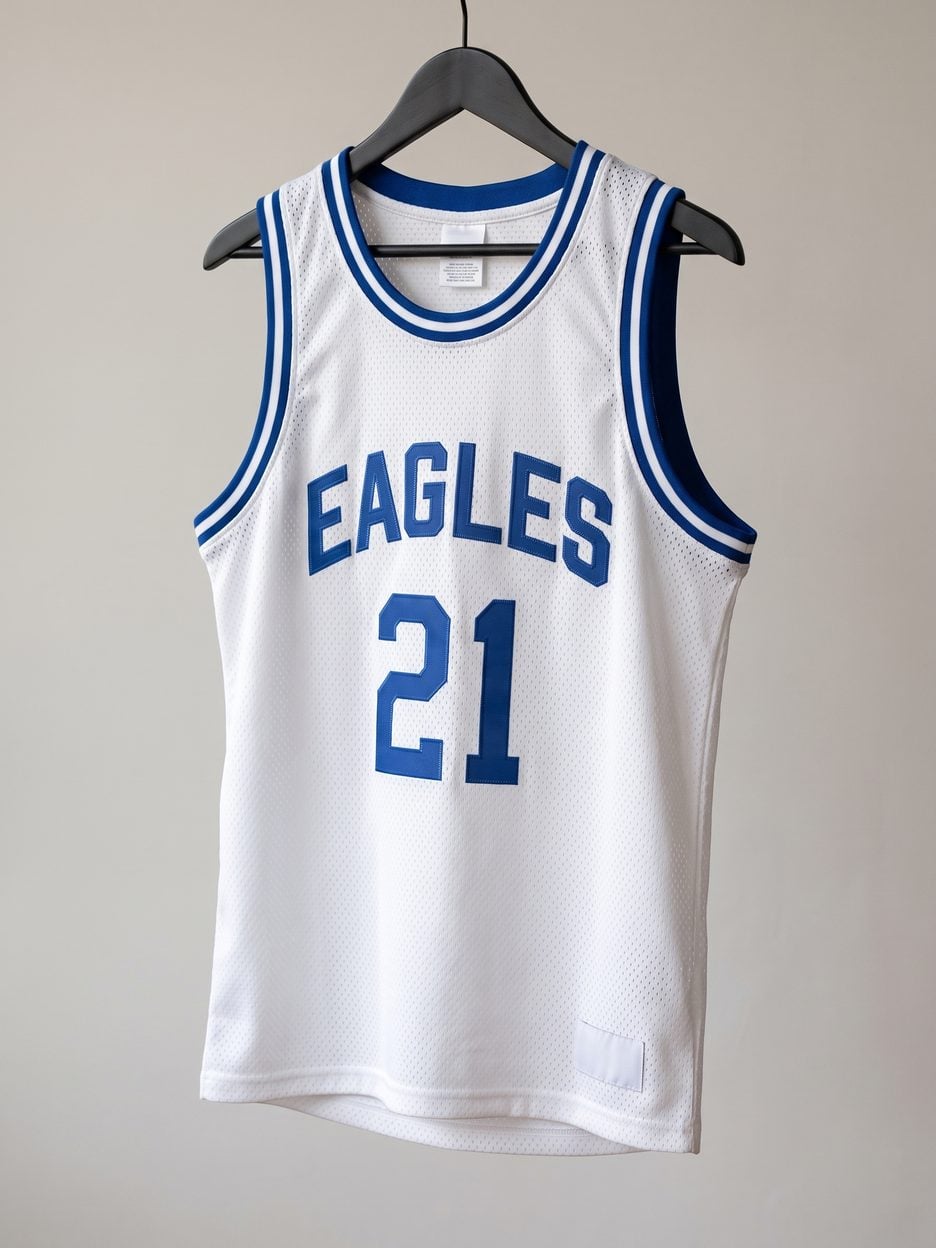 This jersey on a hanger, close enough to see the stitching, the fabric and the tags