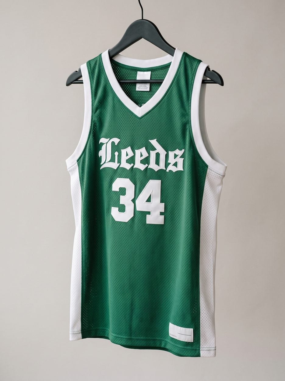 This jersey on a hanger, close enough to see the stitching, the fabric and the tags