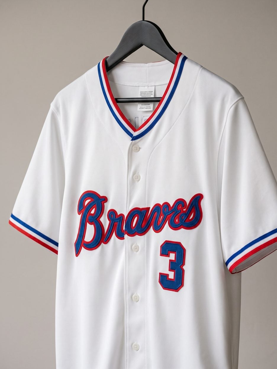 This jersey on a hanger, close enough to see the stitching, the fabric and the tags