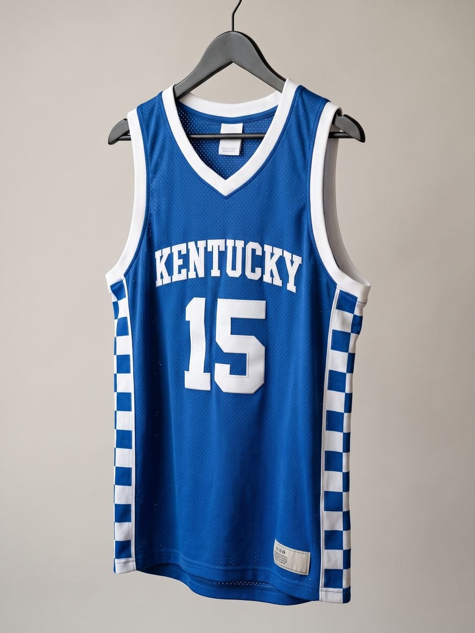 This jersey on a hanger, close enough to see the stitching, the fabric and the tags