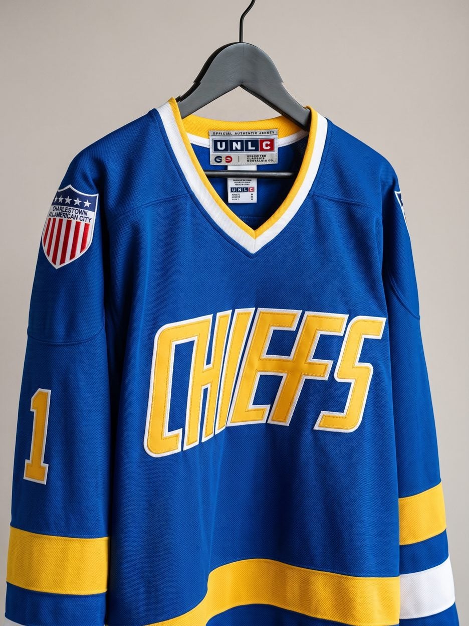 This jersey on a hanger, close enough to see the stitching, the fabric and the tags