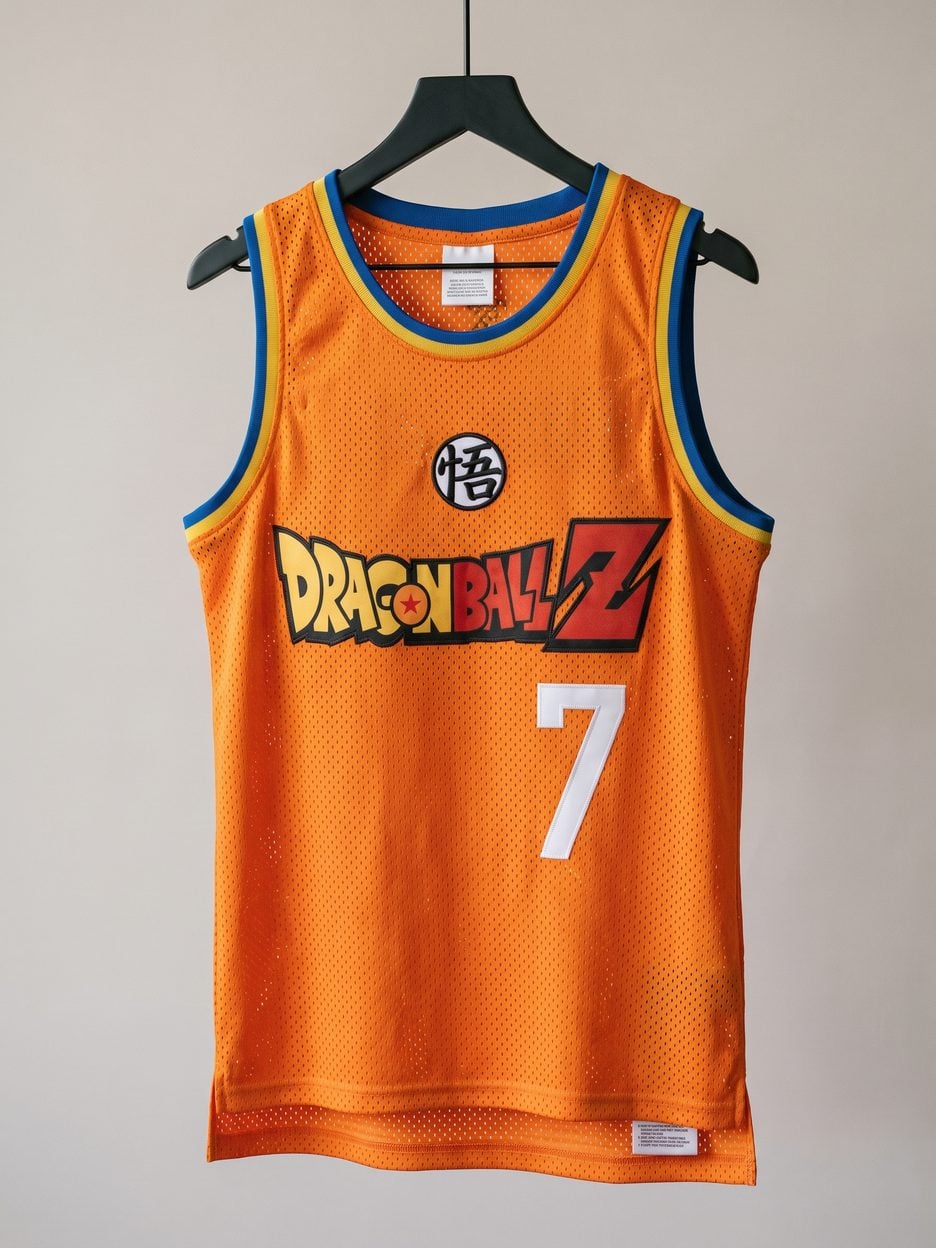 This jersey on a hanger, close enough to see the stitching, the fabric and the tags