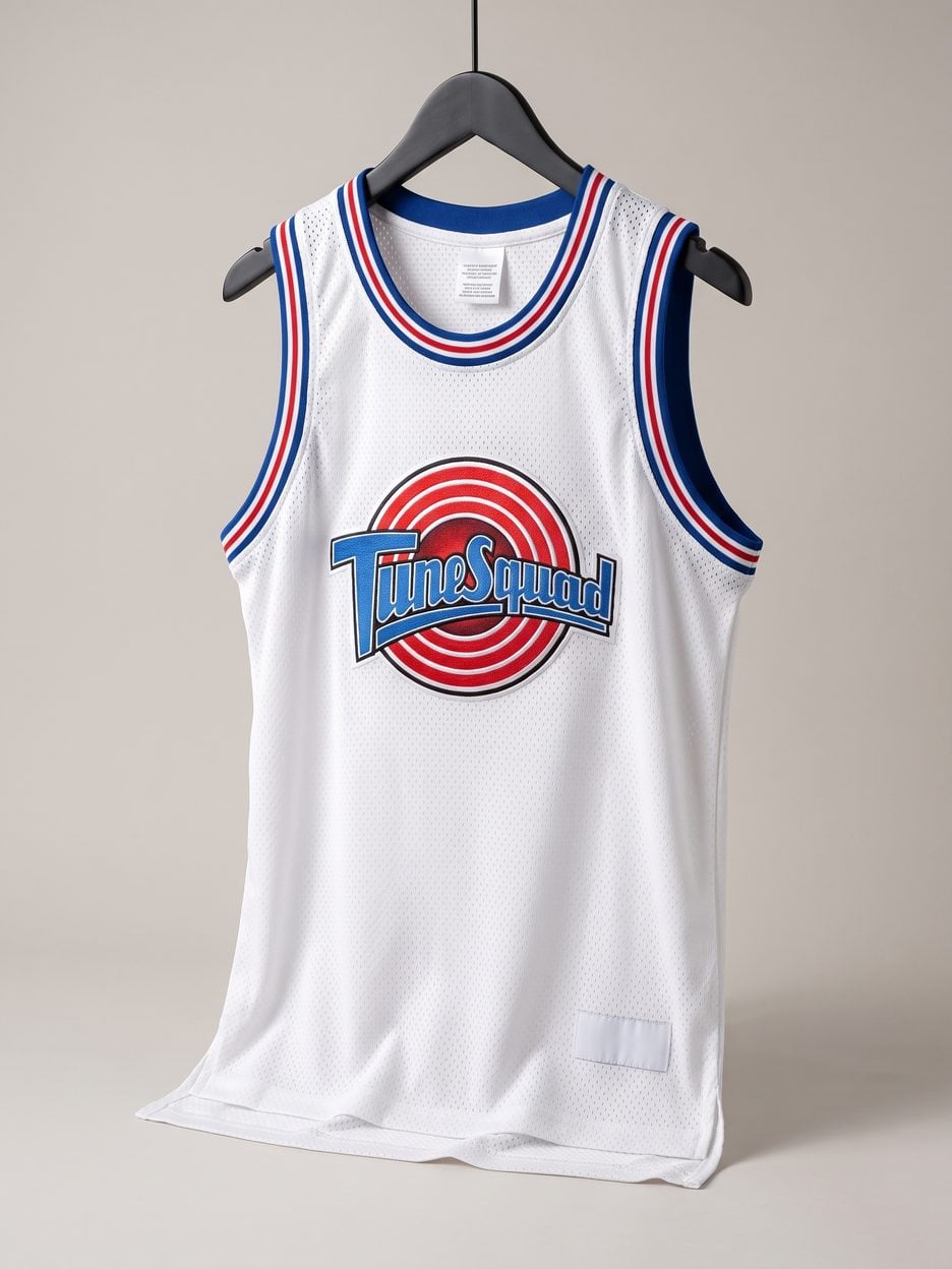 This jersey on a hanger, close enough to see the stitching, the fabric and the tags