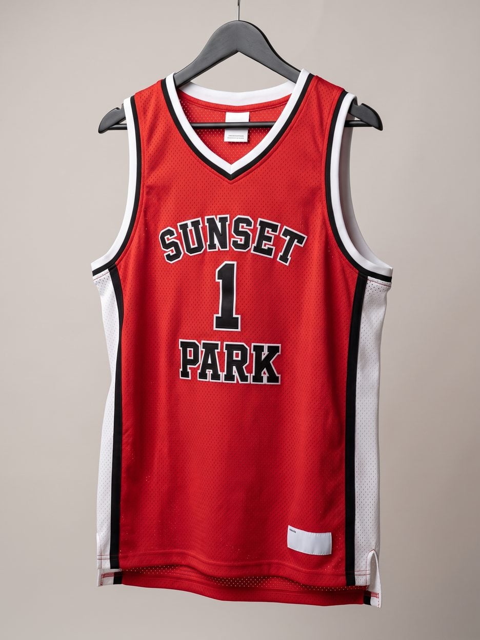 This jersey on a hanger, close enough to see the stitching, the fabric and the tags