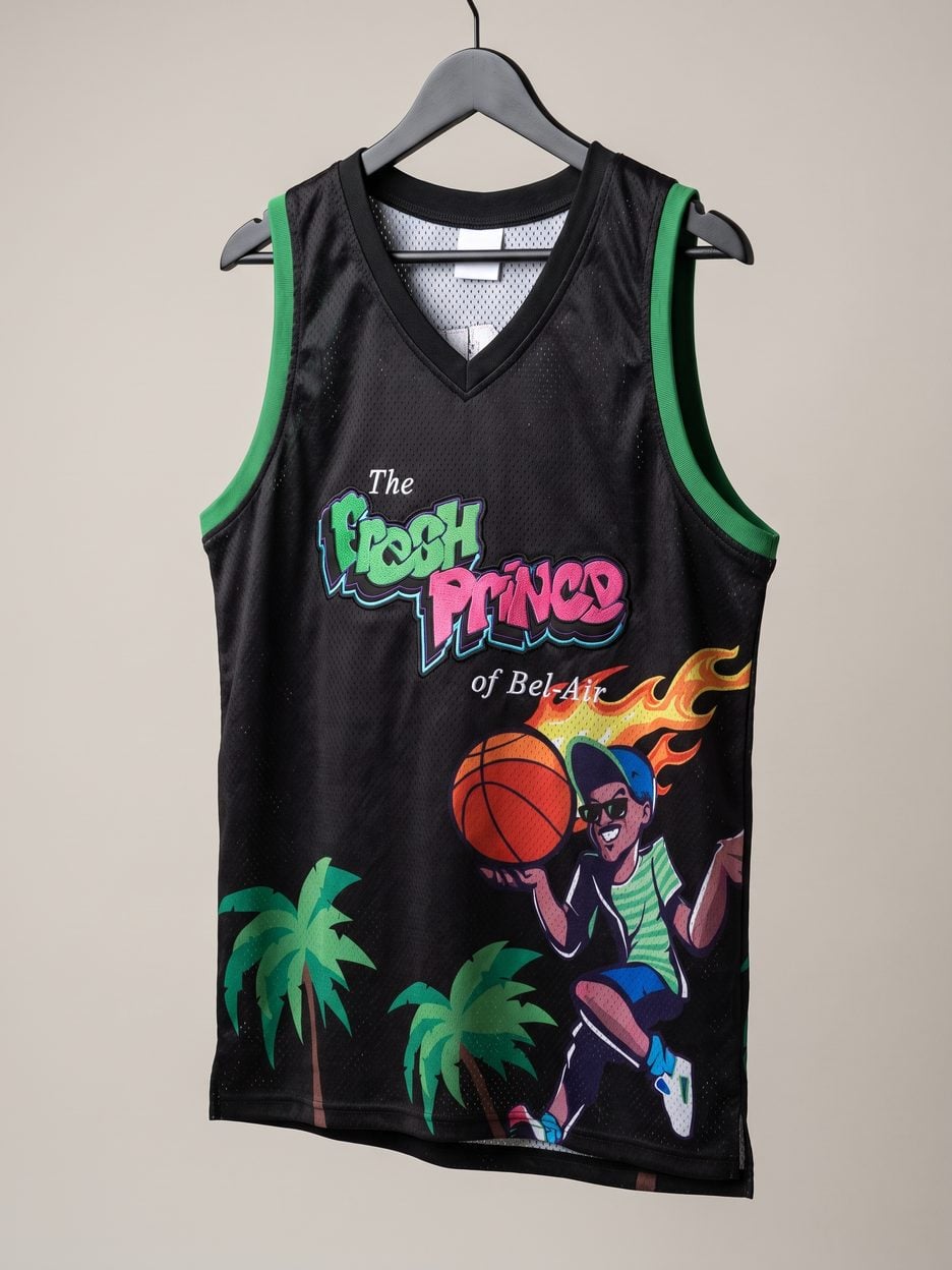 This jersey on a hanger, close enough to see the stitching, the fabric and the tags