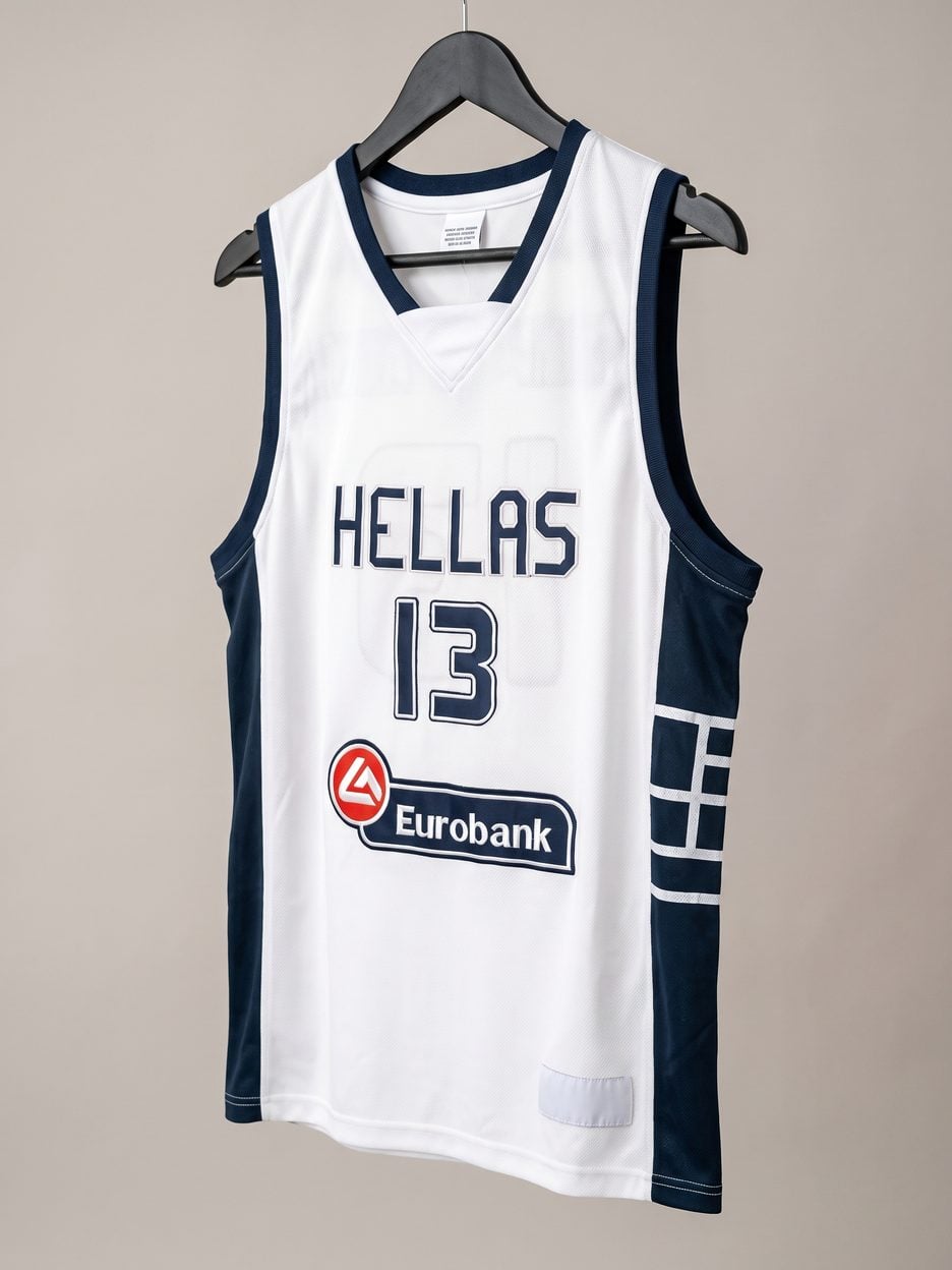 This jersey on a hanger, close enough to see the stitching, the fabric and the tags