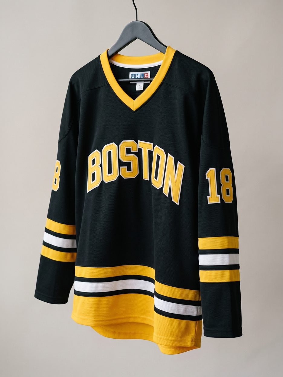 This jersey on a hanger, close enough to see the stitching, the fabric and the tags