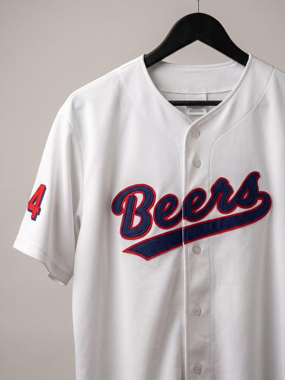 This jersey on a hanger, close enough to see the stitching, the fabric and the tags