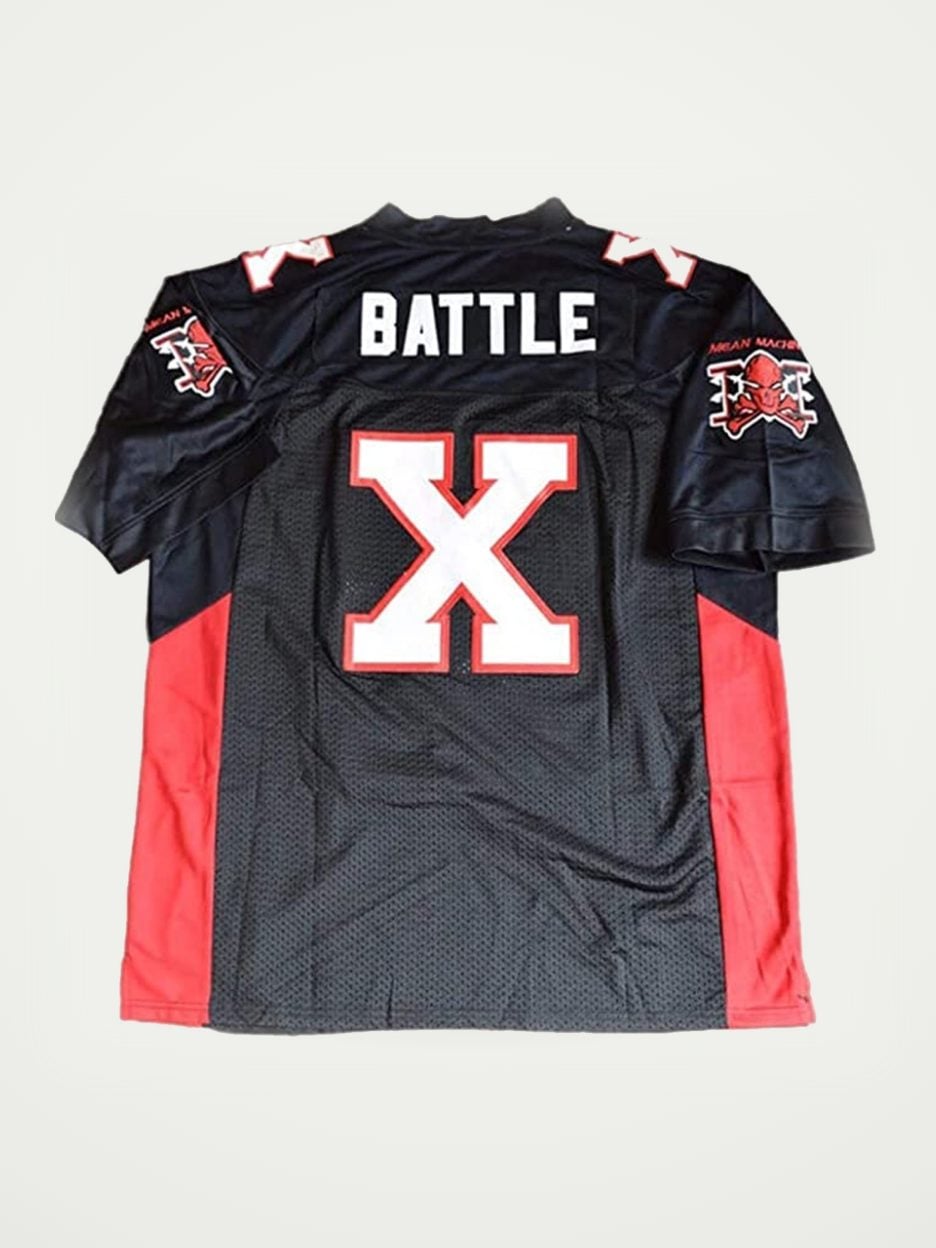 The Joey Battle Battaglio #X Mean Machine Football Jersey from the back: the stitched name and number on a mesh body
