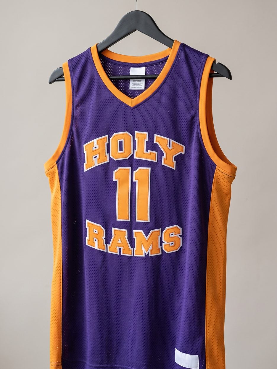 This jersey on a hanger, close enough to see the stitching, the fabric and the tags