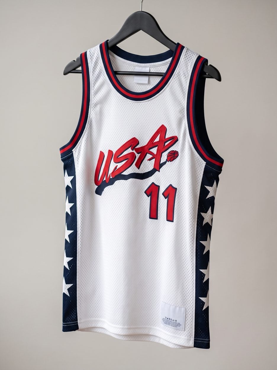 This jersey on a hanger, close enough to see the stitching, the fabric and the tags