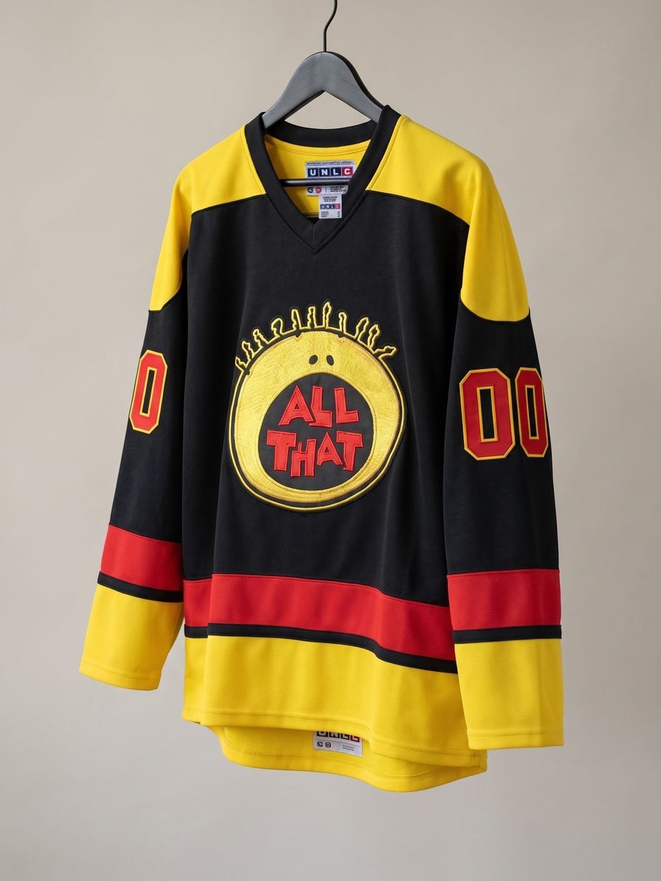 This jersey on a hanger, close enough to see the stitching, the fabric and the tags
