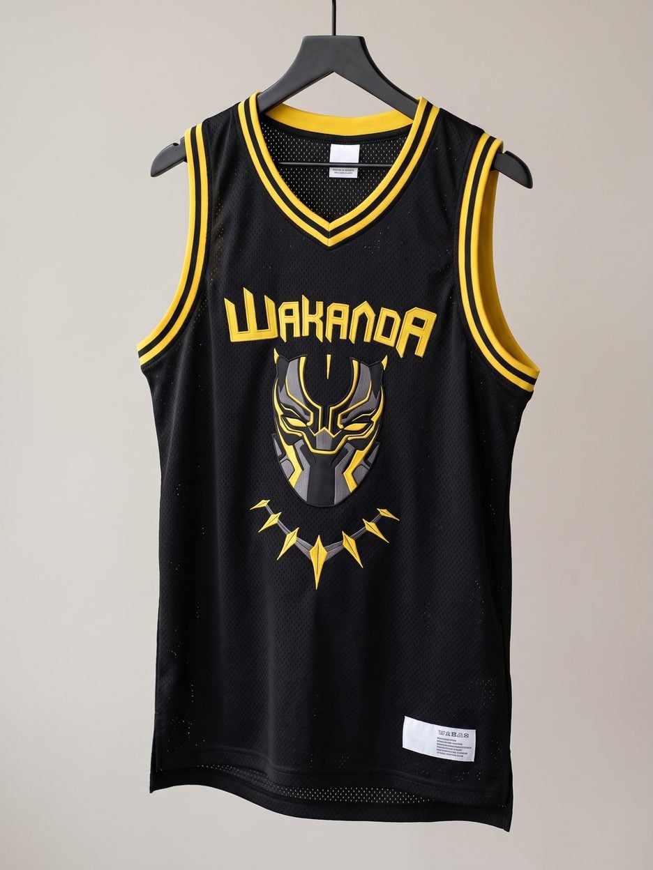 This jersey on a hanger, close enough to see the stitching, the fabric and the tags