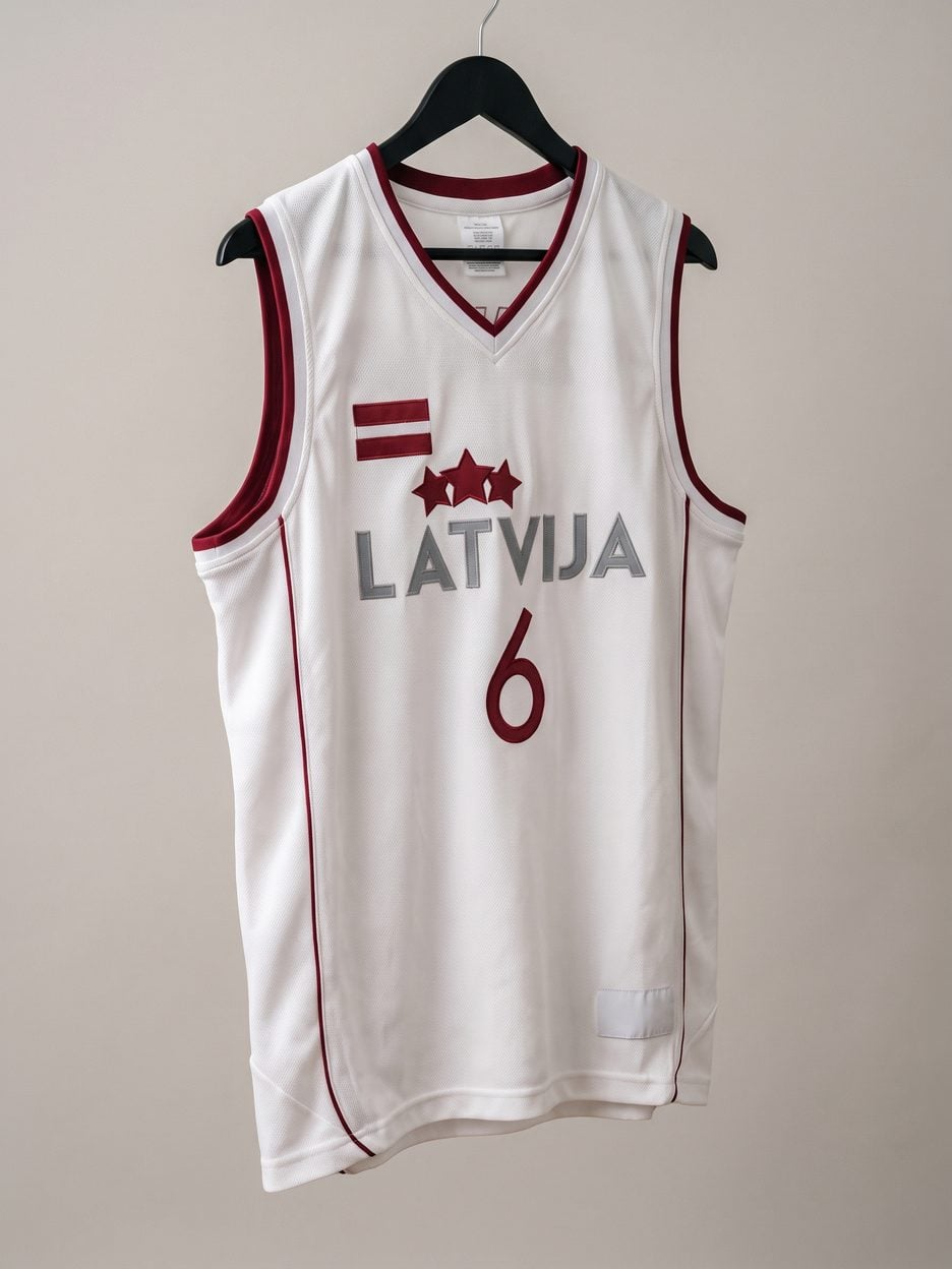 This jersey on a hanger, close enough to see the stitching, the fabric and the tags