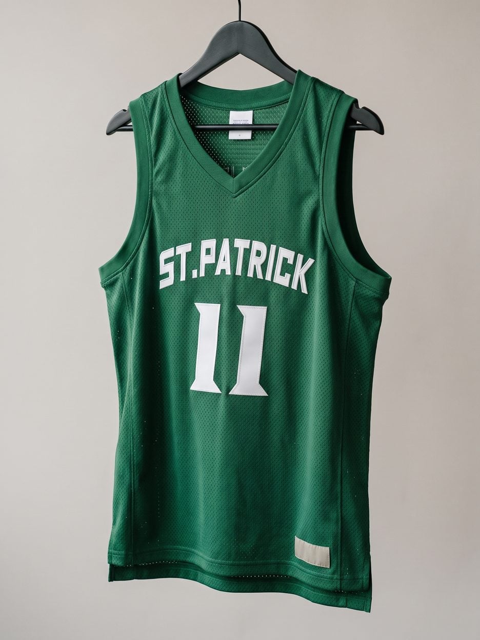 This jersey on a hanger, close enough to see the stitching, the fabric and the tags