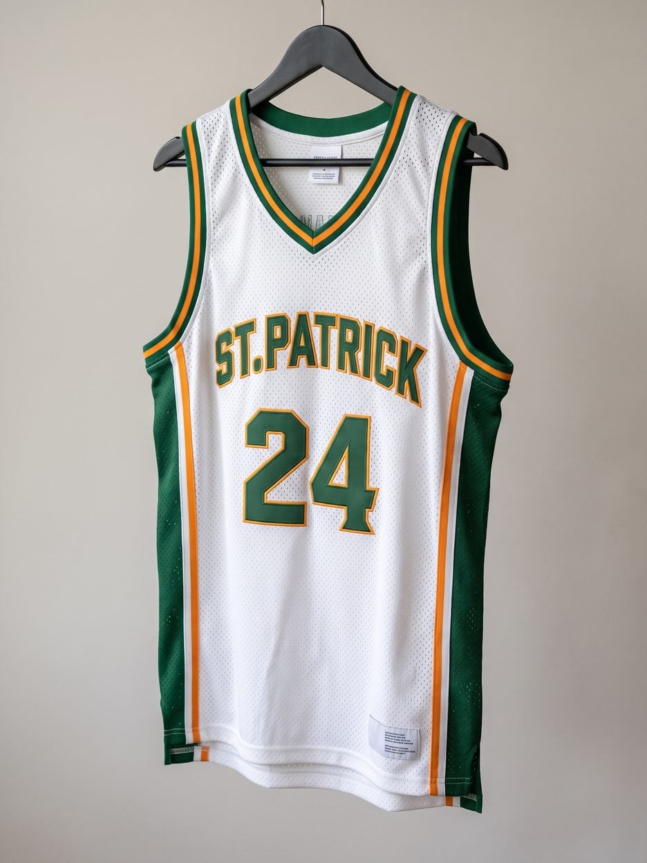 This jersey on a hanger, close enough to see the stitching, the fabric and the tags