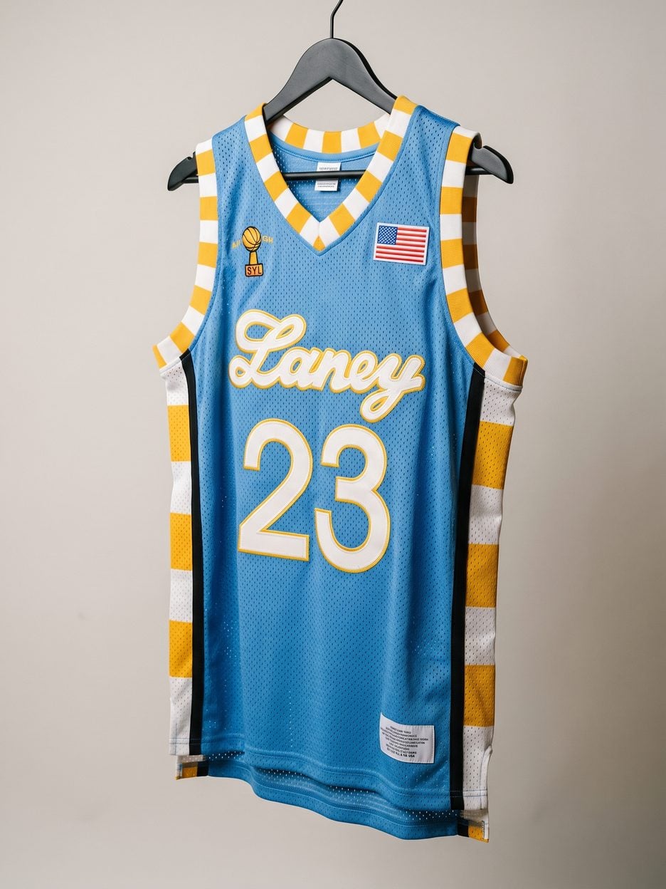 This jersey on a hanger, close enough to see the stitching, the fabric and the tags