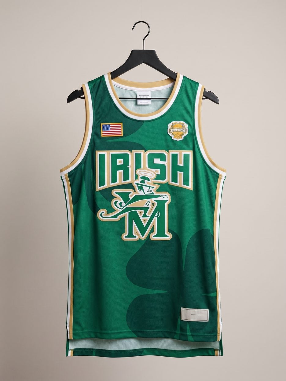 This jersey on a hanger, close enough to see the stitching, the fabric and the tags