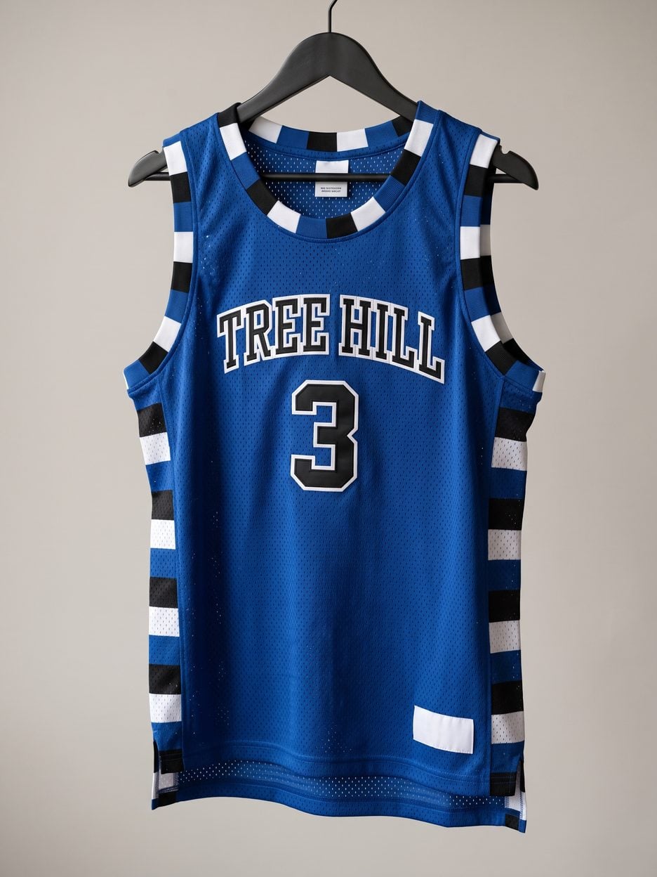 This jersey on a hanger, close enough to see the stitching, the fabric and the tags