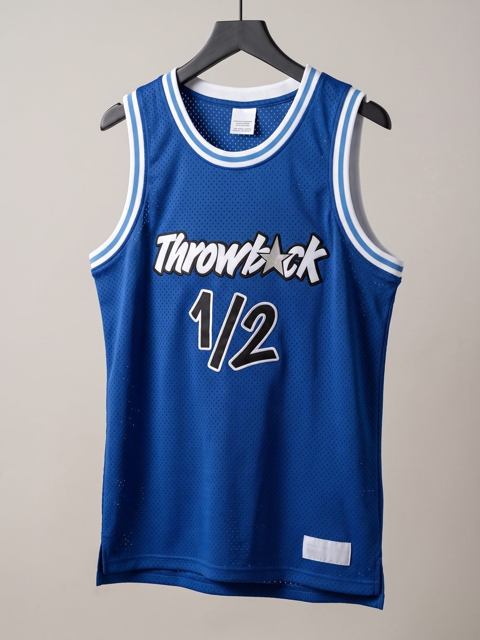 This jersey on a hanger, close enough to see the stitching, the fabric and the tags