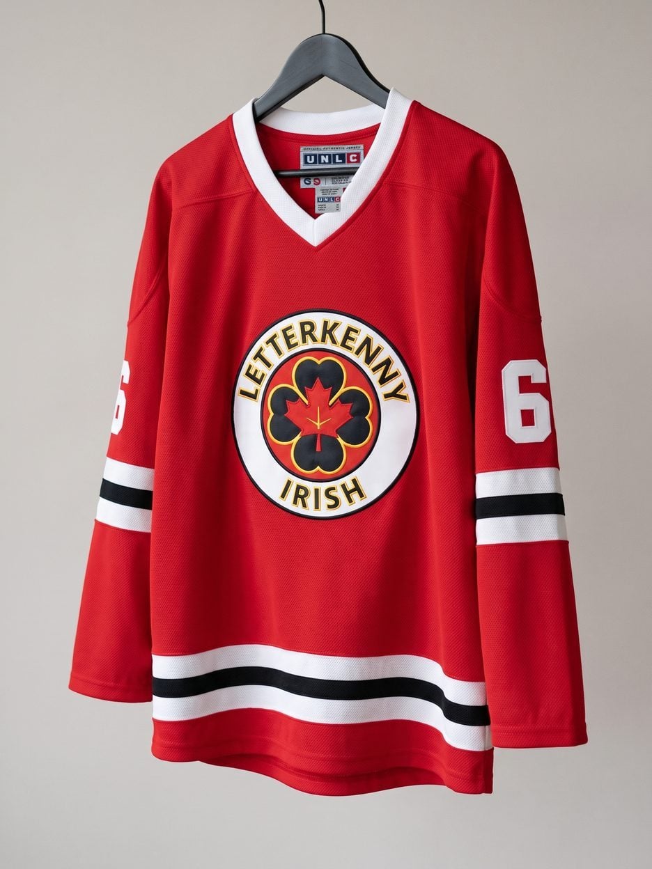 This jersey on a hanger, close enough to see the stitching, the fabric and the tags