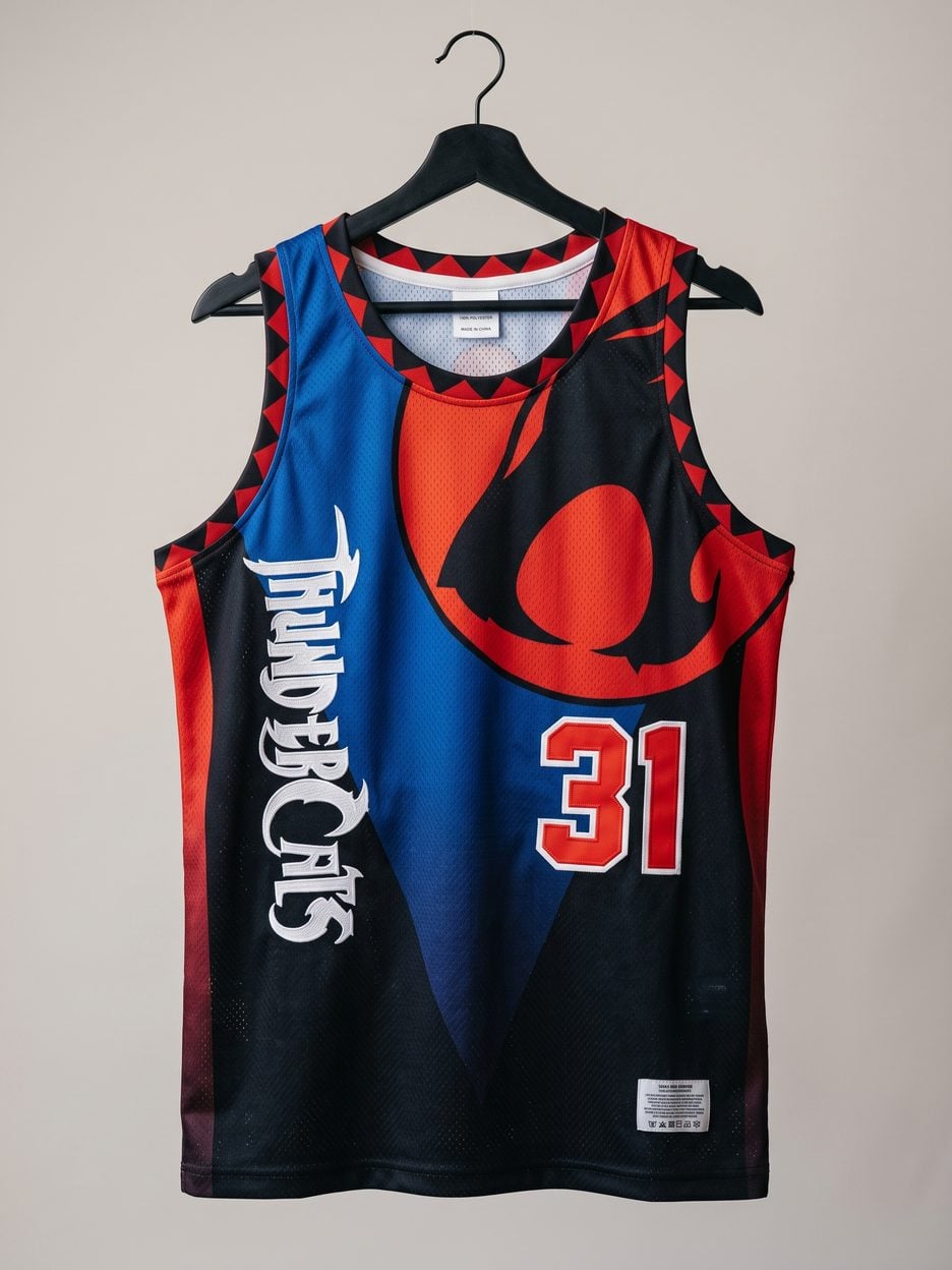 This jersey on a hanger, close enough to see the stitching, the fabric and the tags
