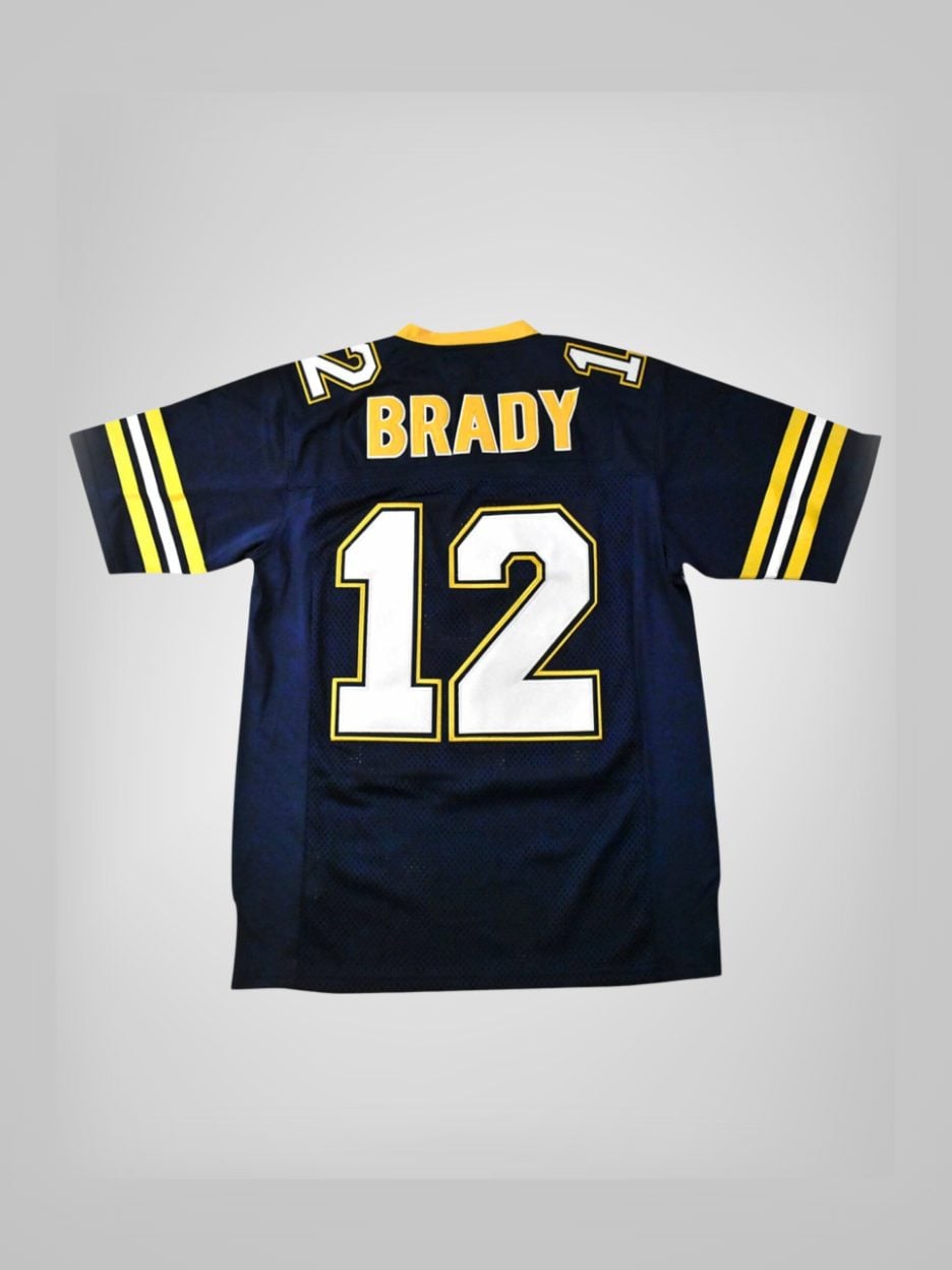 The Tom Brady #12 High School Football Jersey from the back: the stitched name and number on a mesh body