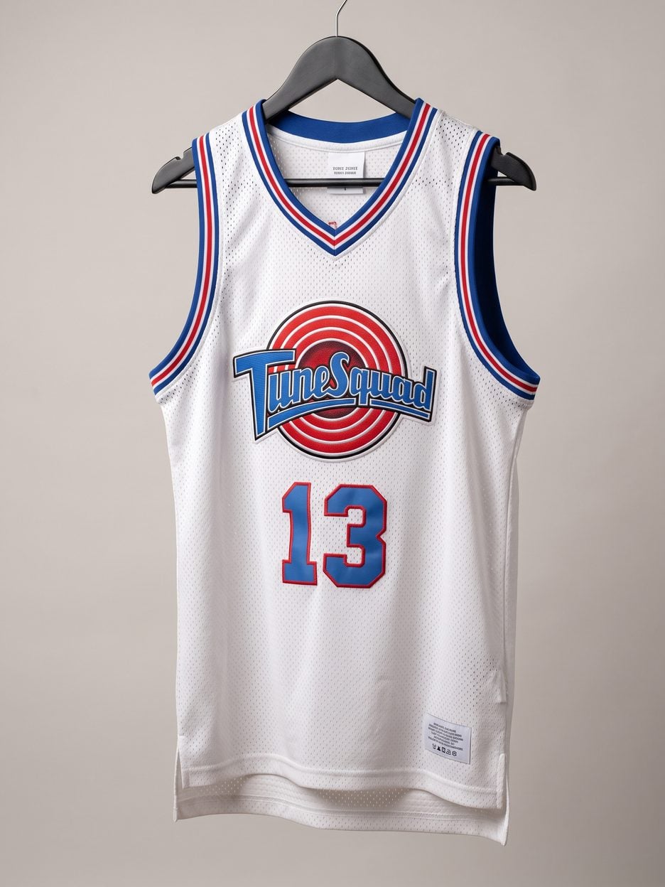 This jersey on a hanger, close enough to see the stitching, the fabric and the tags