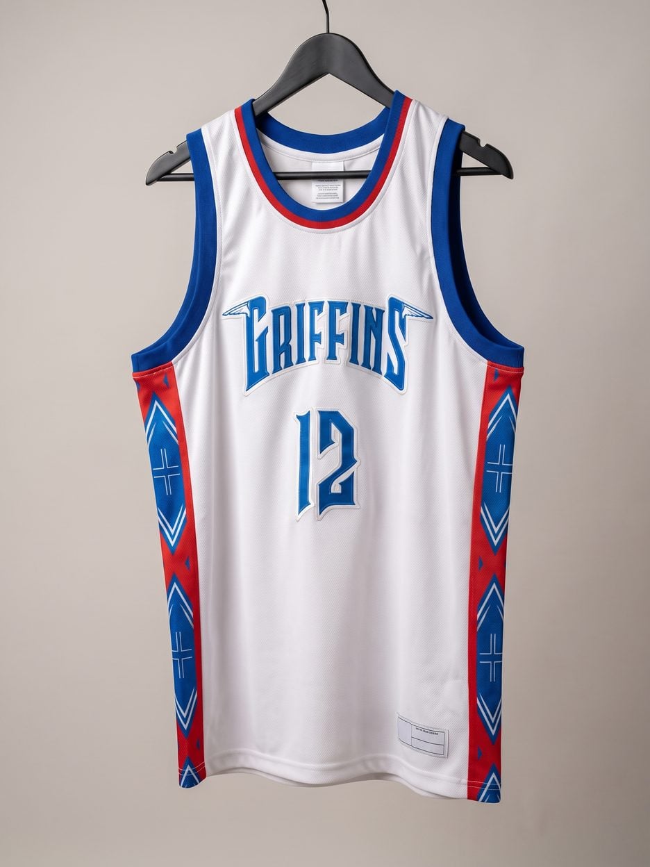 This jersey on a hanger, close enough to see the stitching, the fabric and the tags